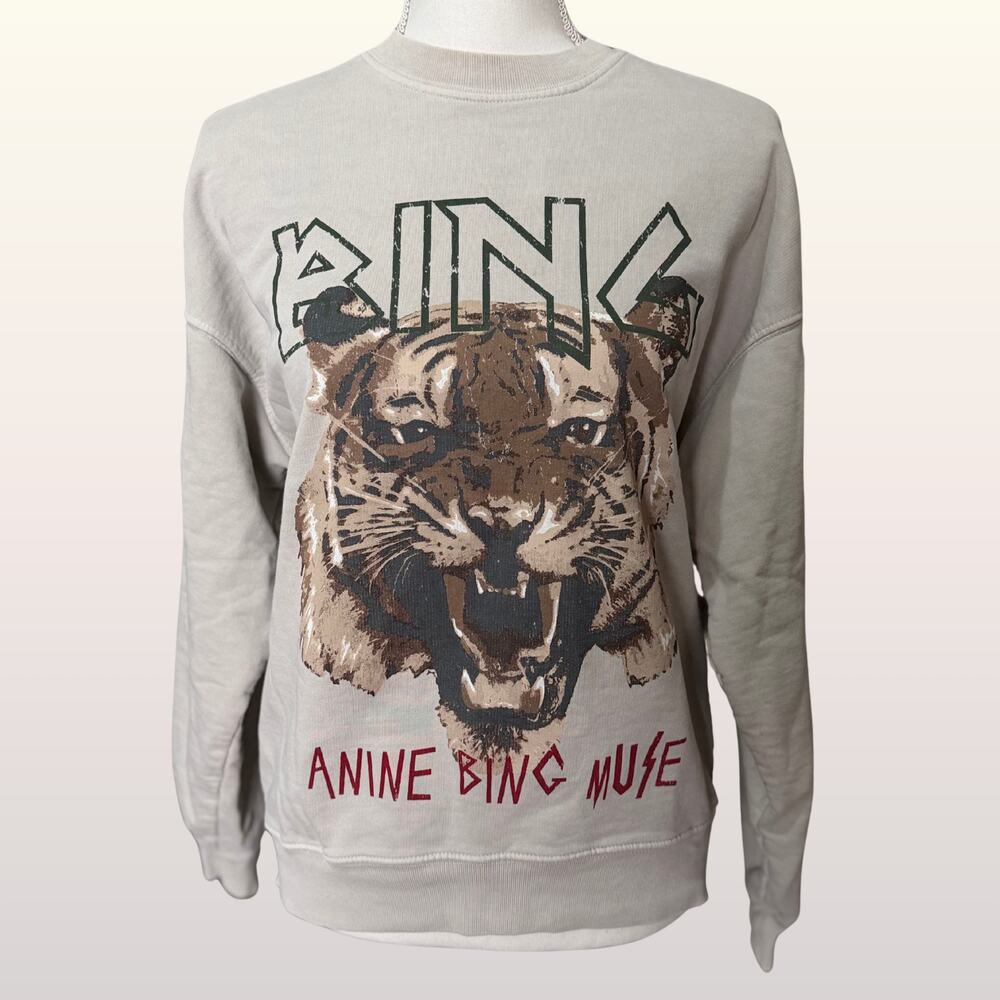ANINE BING MUSE Tiger Graphic Sweatshirt Bone Tan sz Small 100% Cotton Pullover